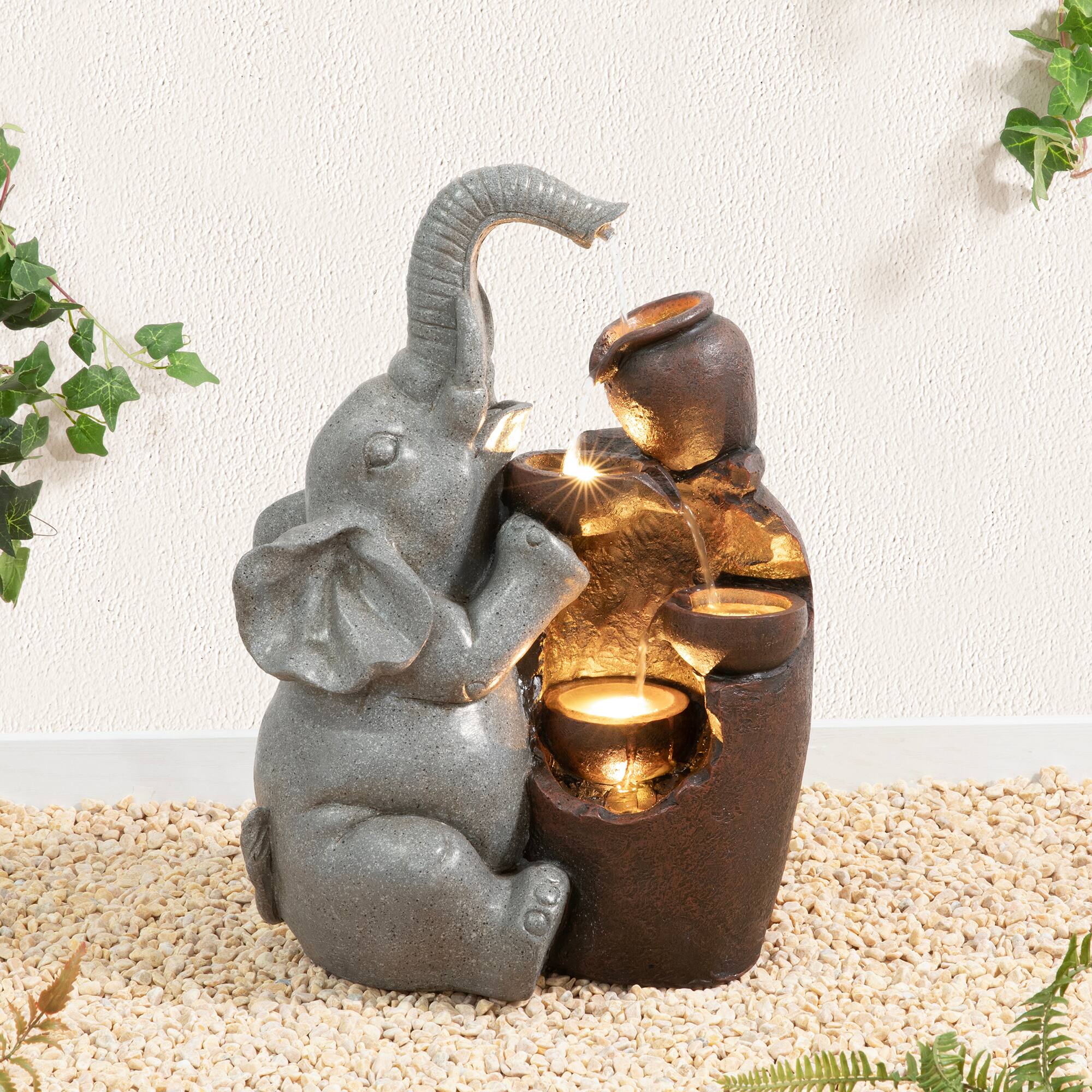 Glitzhome® 18.5" LED 4-Tier Elephant & Pot Outdoor Fountain